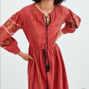 NWT ZARA EMBROIDERED BRICK MIDI DRESS size S
